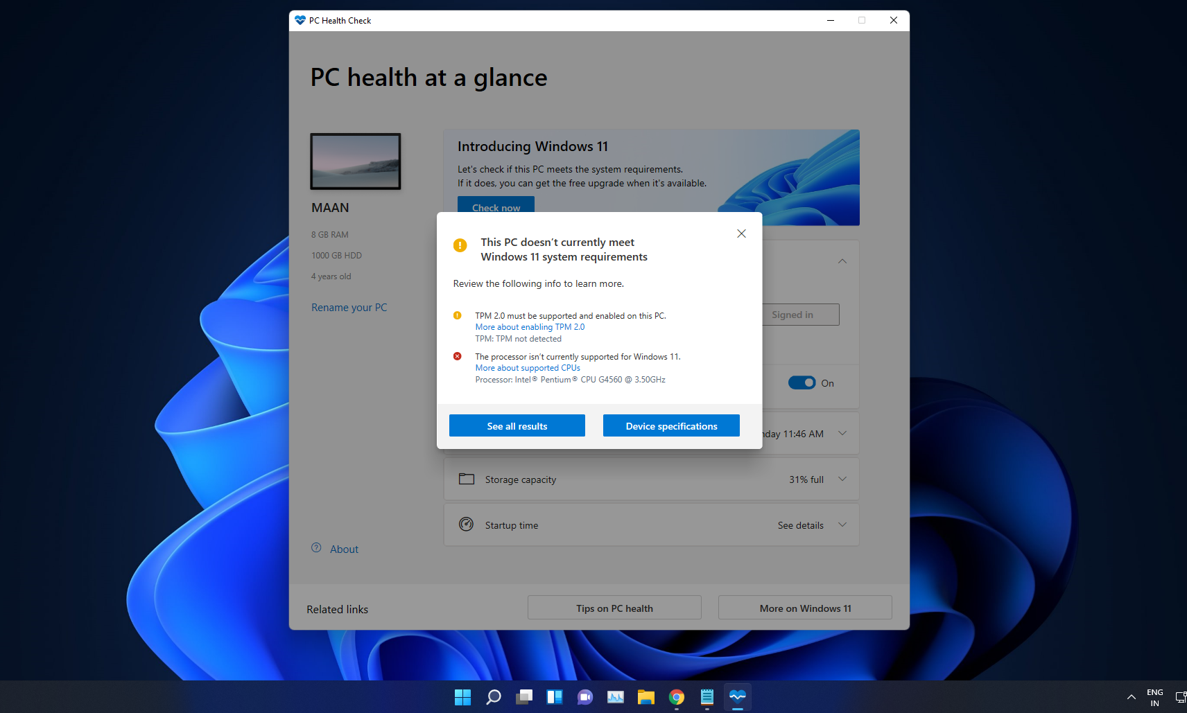 You can even see here that the PC Health App still tells me that my PC is not eligible. Despite running Windows 11, which is hilarious.
